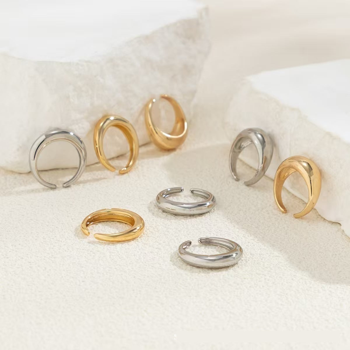 Metal Texture Glossy Ring 8 Pieces Suit Exaggerated Geometry Open Ring For Women