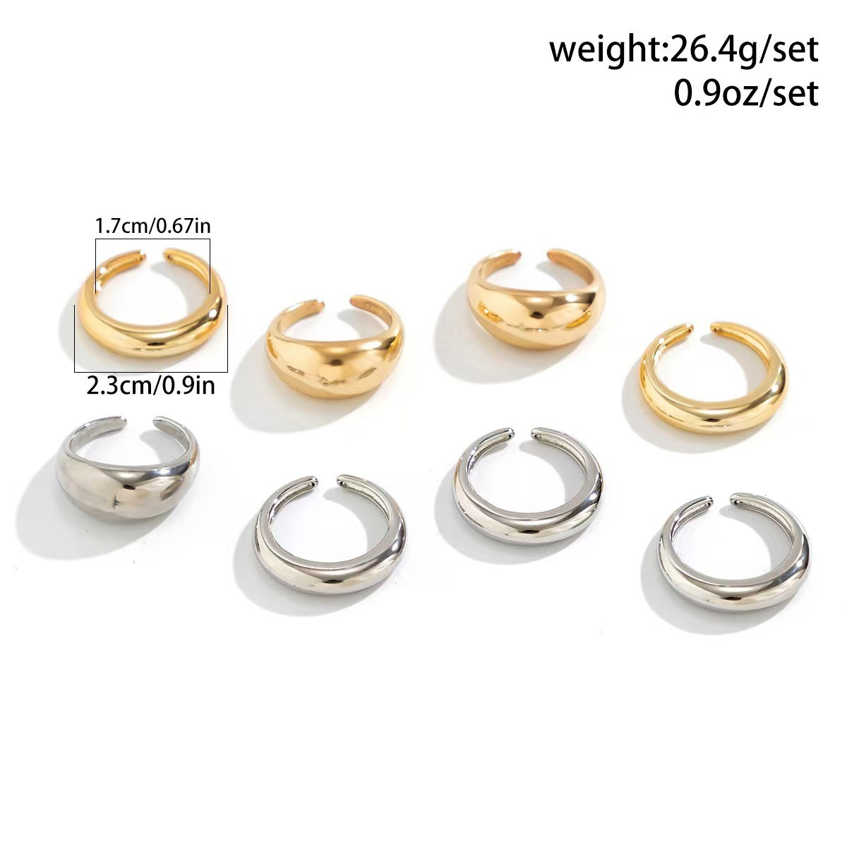 Metal Texture Glossy Ring 8 Pieces Suit Exaggerated Geometry Open Ring For Women