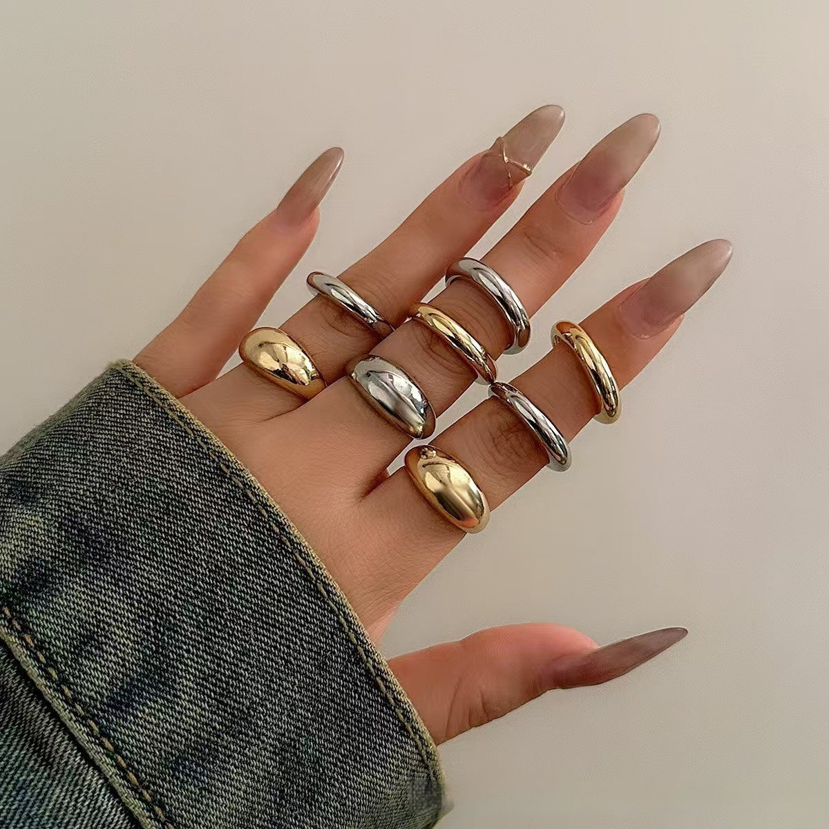 Metal Texture Glossy Ring 8 Pieces Suit Exaggerated Geometry Open Ring For Women