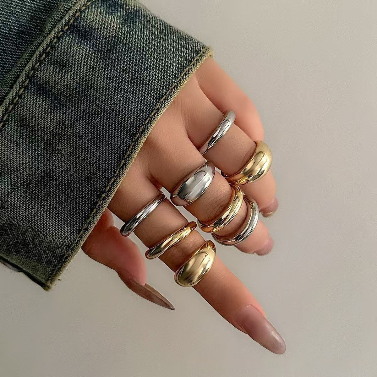 Metal Texture Glossy Ring 8 Pieces Suit Exaggerated Geometry Open Ring For Women
